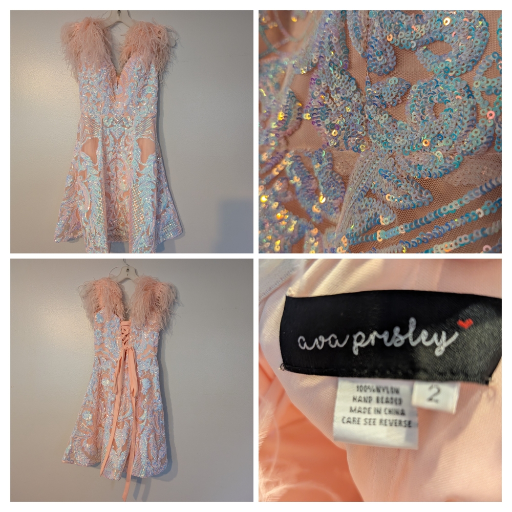 Iridescent Blue and Pink Feathered Dress Cocktail Homecoming Pageant